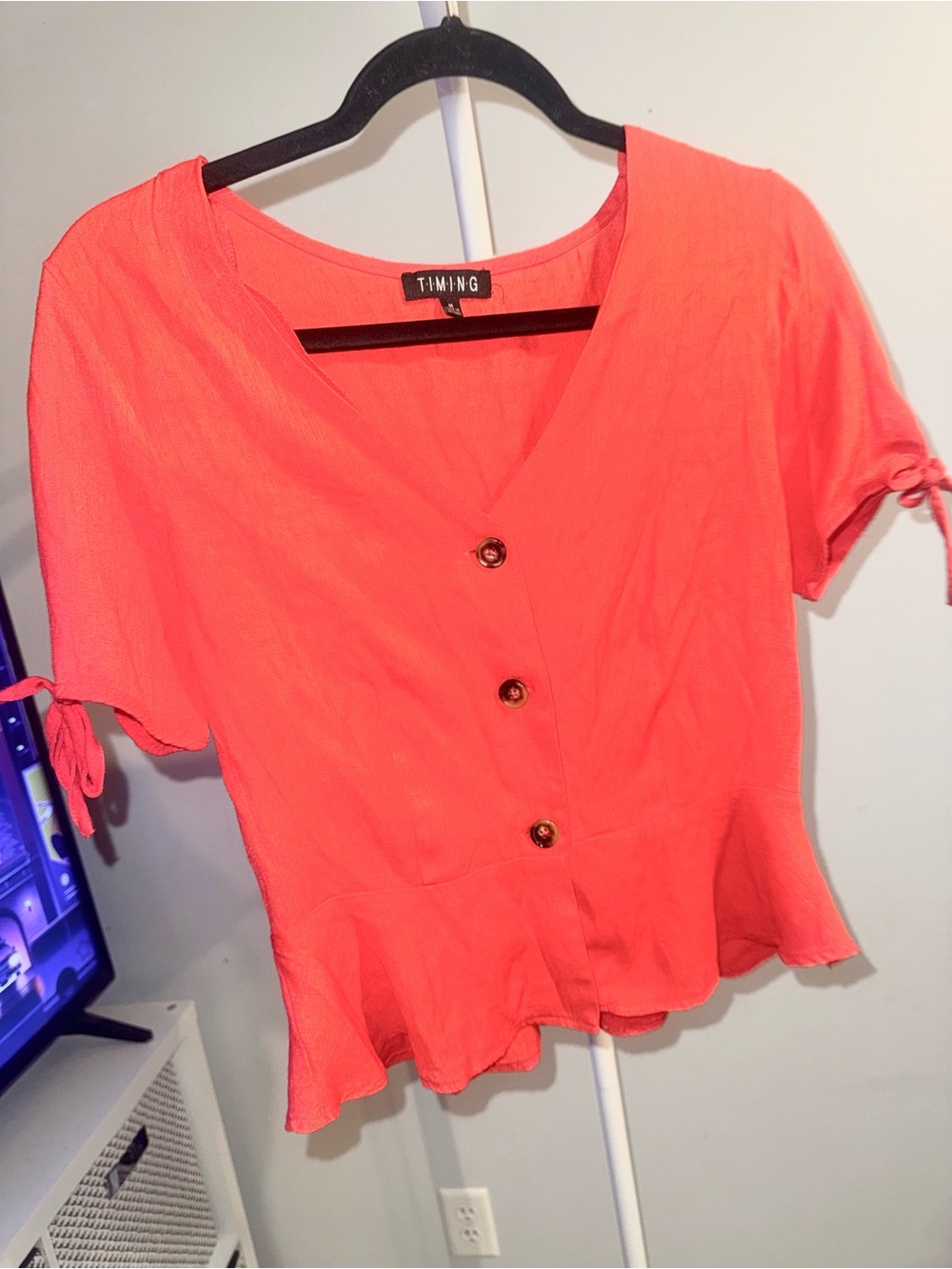Timing Coral Button-Front Peplum Blouse with Tie Sleeves